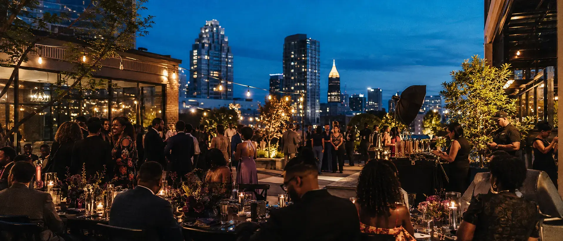 Atlanta at blue hour, alive with culture, hospitality and celebration.