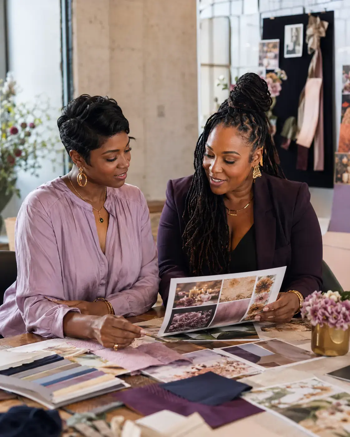 An Atlanta client and event professional reviewing celebration ideas together.