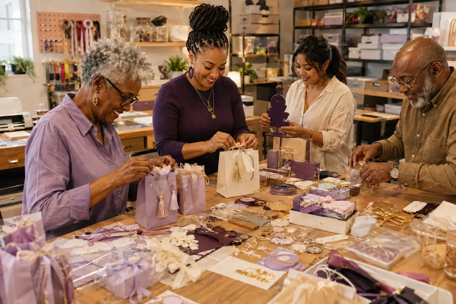 A multigenerational, multicultural Atlanta event-crafting team creating personalized favor boxes, gift bags, tags, cake toppers and keepsakes in a working studio.