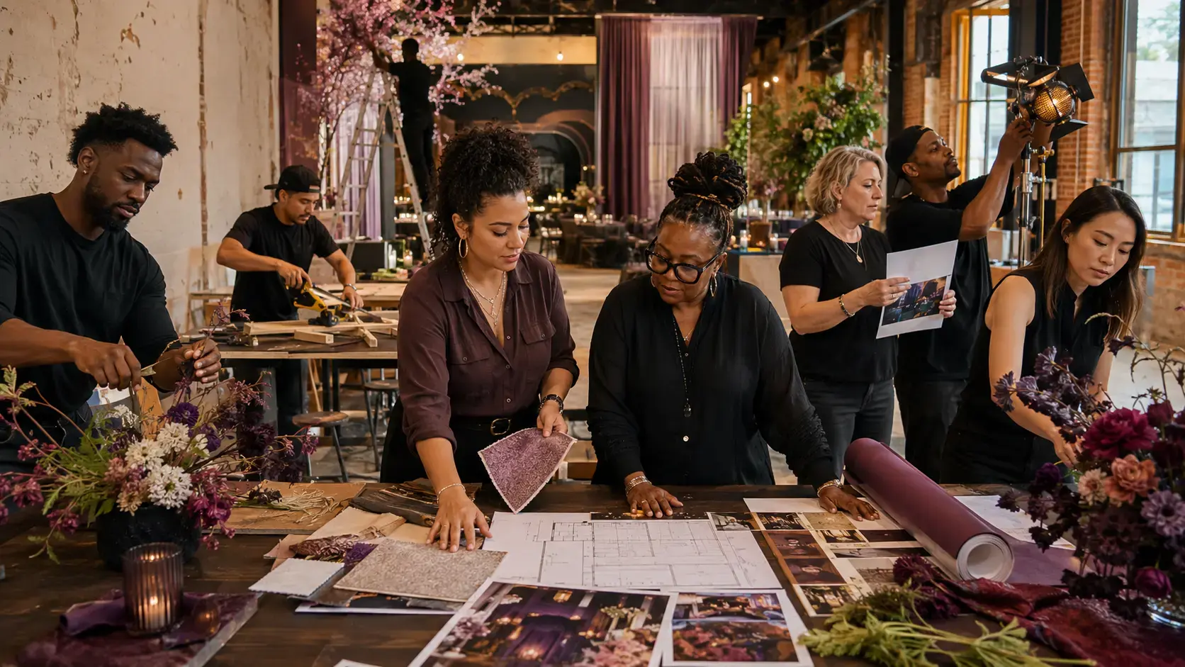 A Latina event designer and Black production lead guide Black, Latino, white and Asian Atlanta professionals through an immersive event installation.