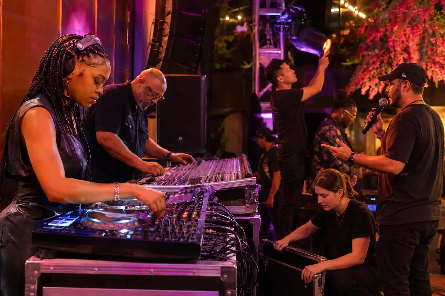 A Black and multicultural Atlanta DJ, sound, lighting and entertainment team working together during a live event.